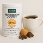 A cup of mushroom coffee next to a white container labeled Lion’s Mane & Chaga by Wellbeing Nutrition.