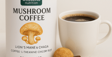 A cup of mushroom coffee next to a white container labeled Lion’s Mane & Chaga by Wellbeing Nutrition.