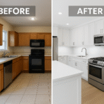 Before and after kitchen renovation showcasing modern white cabinets and upgraded appliances