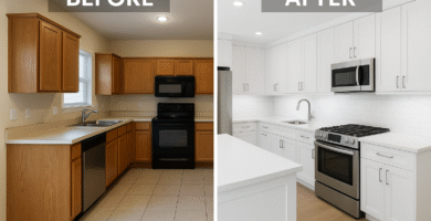 Before and after kitchen renovation showcasing modern white cabinets and upgraded appliances