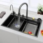 Modern stainless steel waterfall kitchen sink with digital display and pull-down sprayer