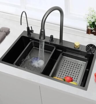 Modern stainless steel waterfall kitchen sink with digital display and pull-down sprayer