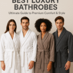 Four models in luxury bathrobes showcasing premium comfort and elegant style.