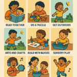 Colorful illustration showing toddler activities without screens including art supplies, building blocks, musical instruments, and nature elements with text "10 Smart Ideas to Keep Your Toddler Engaged"