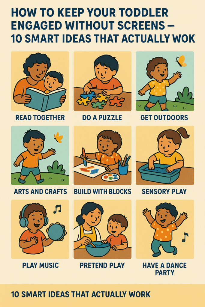 Colorful illustration showing toddler activities without screens including art supplies, building blocks, musical instruments, and nature elements with text "10 Smart Ideas to Keep Your Toddler Engaged"