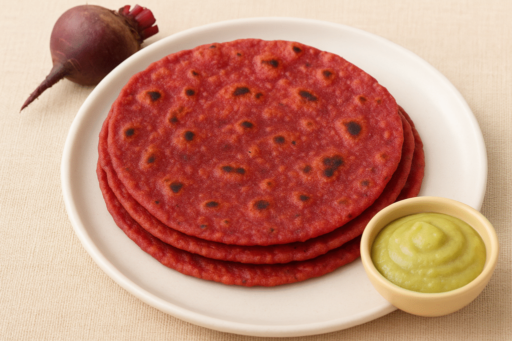Colorful beetroot roti for babies on a plate with small pieces cut for 1 year old toddlers