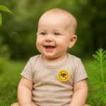 Smiling baby wearing a mosquito repellent patch sitting outdoors surrounded by greenery