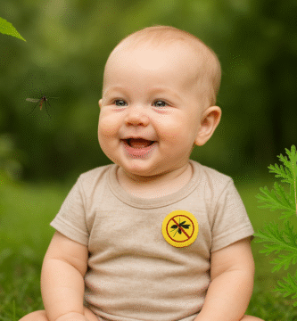 Smiling baby wearing a mosquito repellent patch sitting outdoors surrounded by greenery
