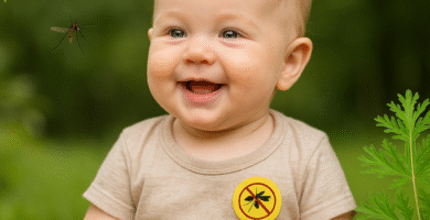 Smiling baby wearing a mosquito repellent patch sitting outdoors surrounded by greenery