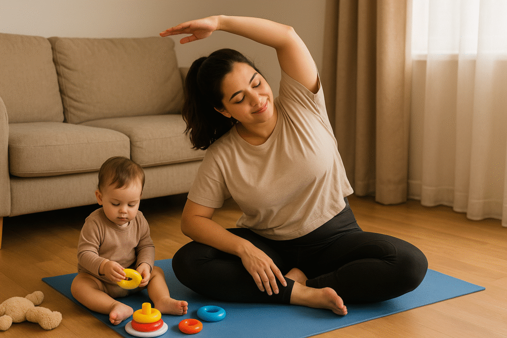 Work-from-home mom wearing baby-safe gym outfit – leggings, nursing sports bra, and sneakers