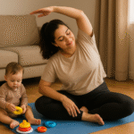 Work-from-home mom wearing baby-safe gym outfit – leggings, nursing sports bra, and sneakers