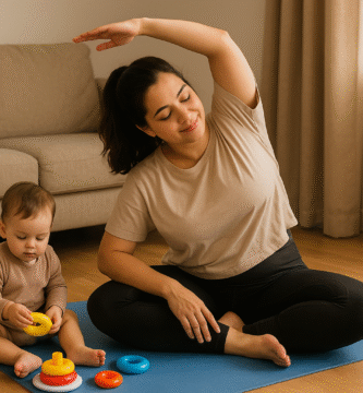 Work-from-home mom wearing baby-safe gym outfit – leggings, nursing sports bra, and sneakers