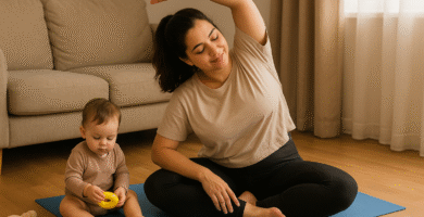 Work-from-home mom wearing baby-safe gym outfit – leggings, nursing sports bra, and sneakers