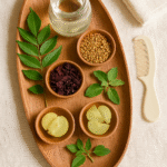 Homemade herbal hair oil ingredients for baby hair growth including coconut oil, curry leaves, hibiscus, fenugreek seeds, and amla