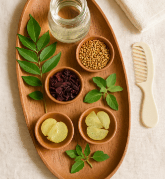 Homemade herbal hair oil ingredients for baby hair growth including coconut oil, curry leaves, hibiscus, fenugreek seeds, and amla