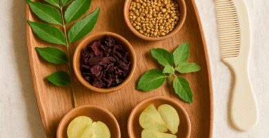 Homemade herbal hair oil ingredients for baby hair growth including coconut oil, curry leaves, hibiscus, fenugreek seeds, and amla