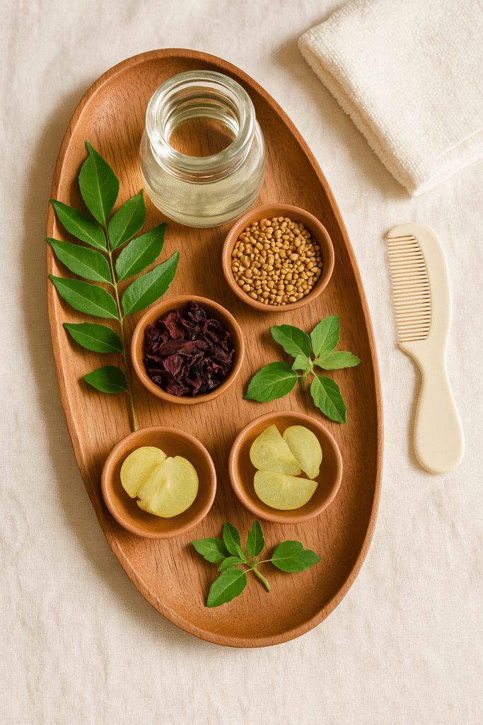 Homemade herbal hair oil ingredients for baby hair growth including coconut oil, curry leaves, hibiscus, fenugreek seeds, and amla