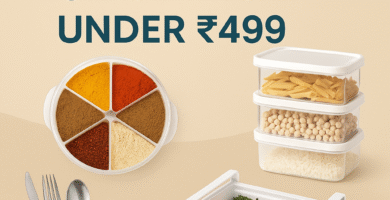 Kitchen storage products under ₹499 including spice box, food containers, cutlery holder, and fridge bin on beige background.