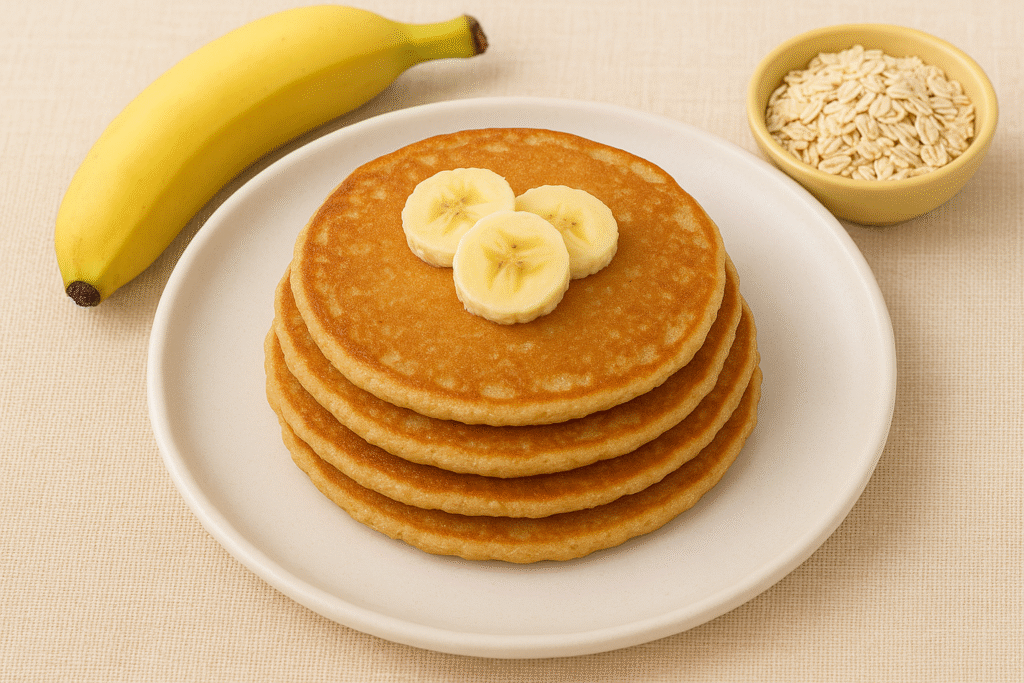 Easy banana oats pancakes for babies cut into finger-friendly strips on a colorful plate, perfect for baby led weaning and first foods