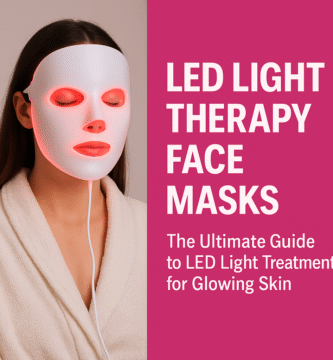 Woman using red light therapy LED face mask for anti-aging skincare treatment at home