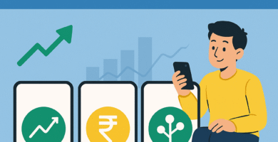 Best investment apps India 2025 comparison showing mobile screens with Groww, Zerodha, Angel One trading interfaces