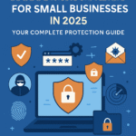 Small business owner working on laptop with cybersecurity shield icons representing digital protection and security software