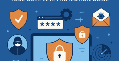 Small business owner working on laptop with cybersecurity shield icons representing digital protection and security software