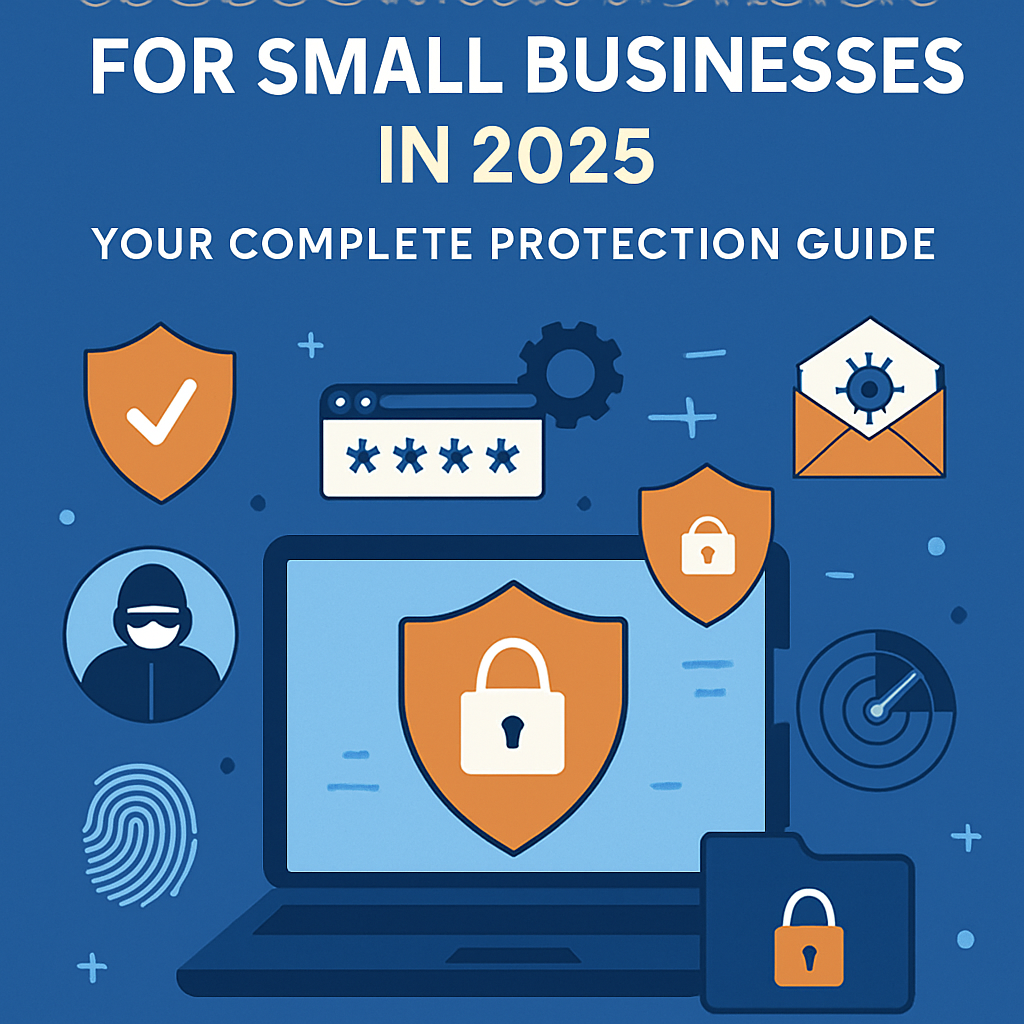 Small business owner working on laptop with cybersecurity shield icons representing digital protection and security software