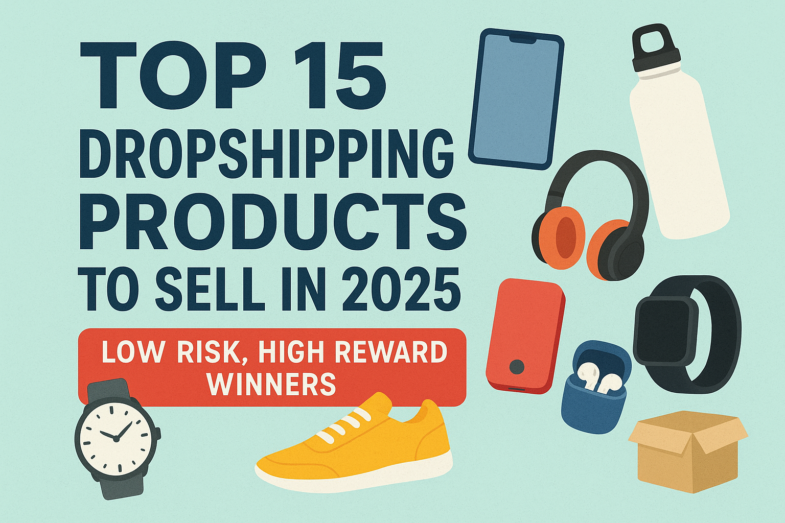 Top 15 profitable dropshipping products 2025 infographic showing trending items like smart home devices, eco-friendly accessories, and wellness products with profit margins
