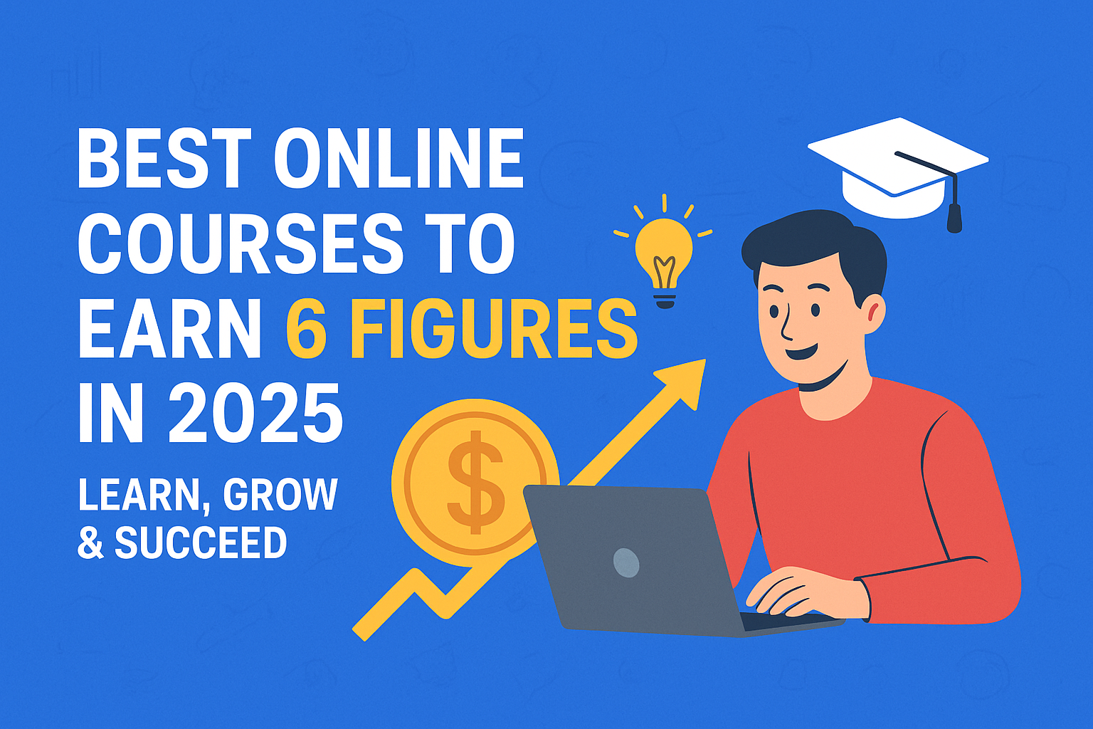 Online courses earn figures - students learning high-income digital skills on laptops with charts showing salary growth from beginner to six-figure income levels