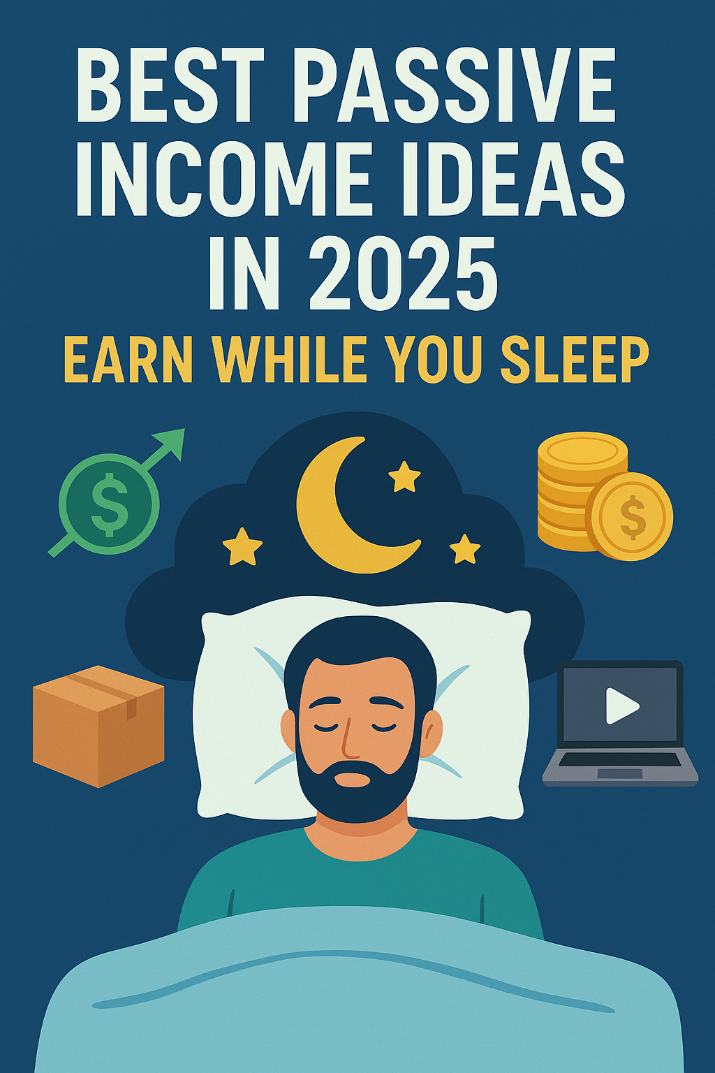 Person using laptop with money and investment icons floating above screen representing passive income streams in 2025