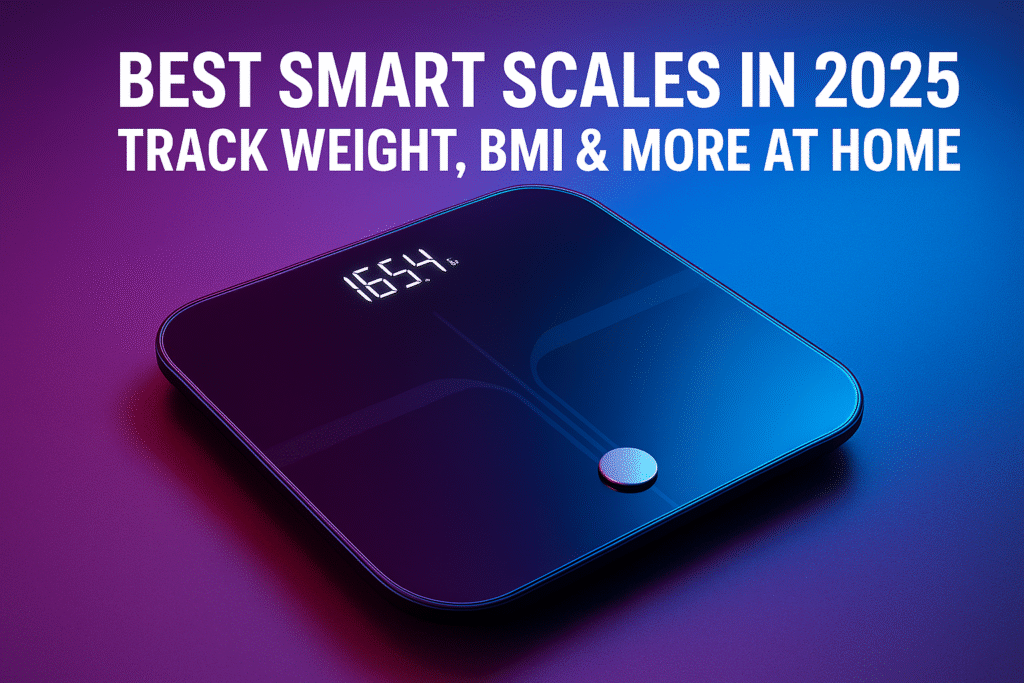 Best smart scales 2025 showing digital display with weight and BMI measurements on bathroom floor