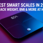 Best smart scales 2025 showing digital display with weight and BMI measurements on bathroom floor