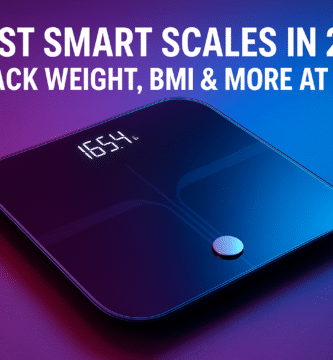 Best smart scales 2025 showing digital display with weight and BMI measurements on bathroom floor