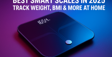 Best smart scales 2025 showing digital display with weight and BMI measurements on bathroom floor