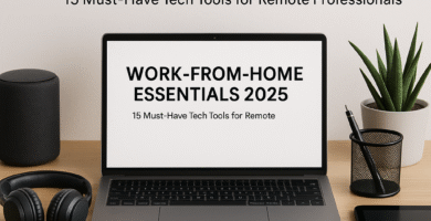 Remote professional working from home office setup with laptop, monitor, and ergonomic chair - work from home essentials 2025