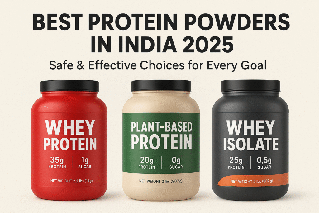 Best protein powders India 2025 comparison chart showing whey casein and plant-based options with ratings and prices for muscle building and weight loss goals