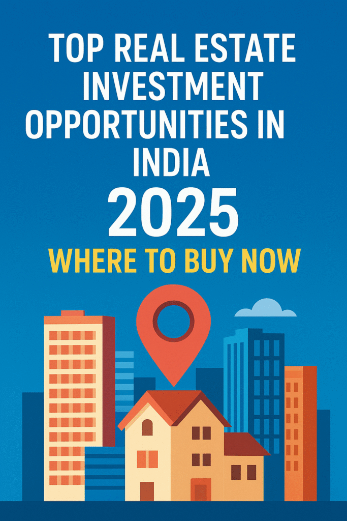 Real estate investment opportunities in India 2025 showing modern residential and commercial properties in top cities like Mumbai, Delhi, Bangalore for high return low risk investments