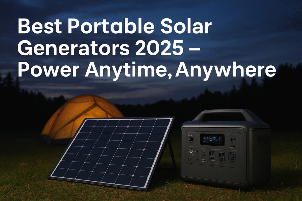 Portable solar generator with solar panel beside a glowing tent – Best Portable Solar Generators 2025