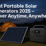 Portable solar generator with solar panel beside a glowing tent – Best Portable Solar Generators 2025