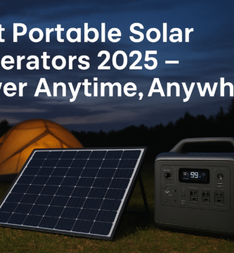 Portable solar generator with solar panel beside a glowing tent – Best Portable Solar Generators 2025