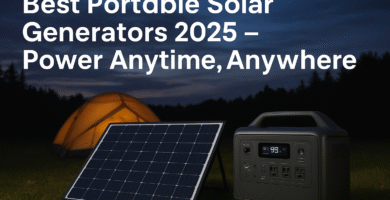 Portable solar generator with solar panel beside a glowing tent – Best Portable Solar Generators 2025