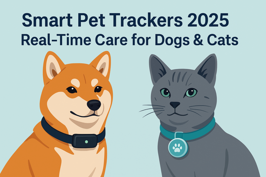 Golden dog and gray cat wearing smart health trackers, Smart Pet Trackers 2025 – Real-Time Care for Dogs and Cats.