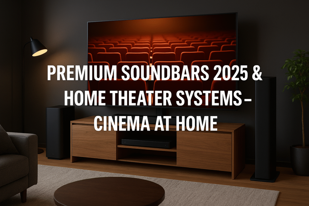 Premium Soundbars 2025 and Home Theater Systems setup – modern living room with TV, soundbar, and surround speakers for cinema-like experience at home.